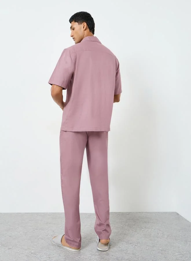 Styli  Men Solid Relaxed Fit Shirt and Pyjama Set for Men | Best Price UAE